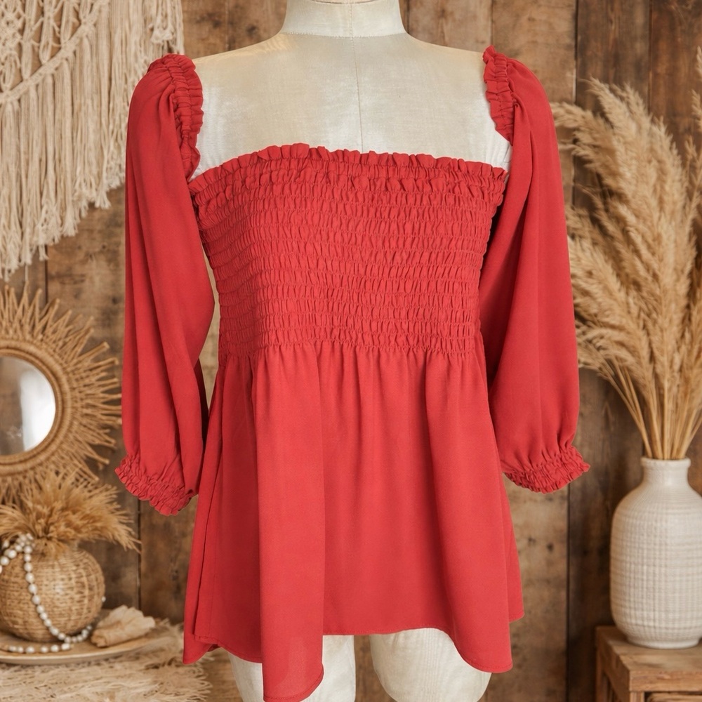 Express Smocked Blouse Size Large New Boho Puff Sleeve Top Women’s Coral Red